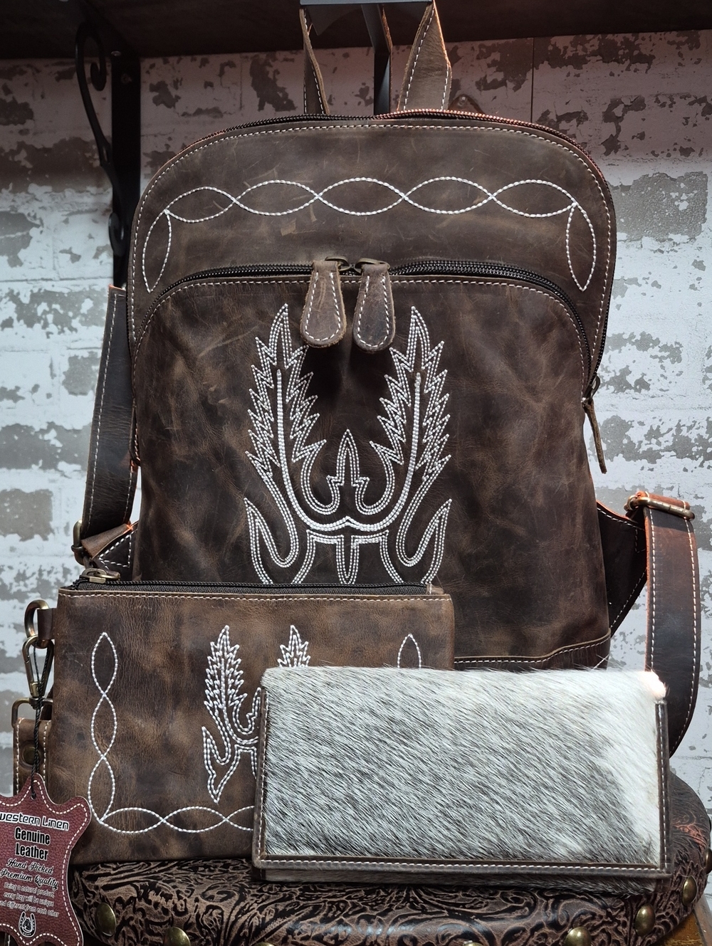 Brown Embroidered Leather Women's Backpack with Matching Wallet & Pouch